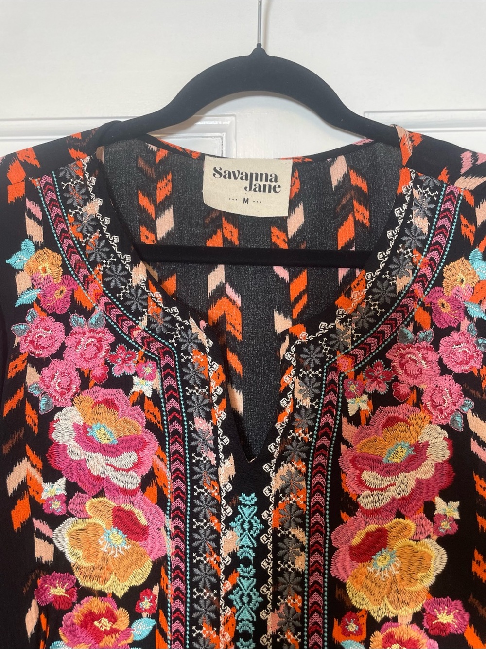 Savanna Jane Sophia Embroidered Boho Tunic Top Black | Size Medium - Picture 7 of 9